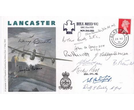 617 Sqn Cover Signed by 12 Original Veterans of 617 Sqn Crew during WW11. 28 No 01 Glasgow Postmark Lancaster. Picture Cachet