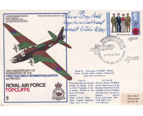 Sc26 RAF Topcliffe Signed by Capt Hans Hornkohl U - Boat Captain U566. 1 Feb 72 BFPS 1280 RAF Topcliffe. 55th Anniversary of 
