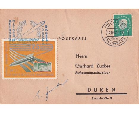 Gerhard Zucker 25 years of German rocket flight Signed by G Zucker Rocket scientist. 17 10 60 Heistern with added DM2 stamp G