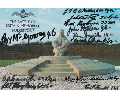 WW2 RAF Postcard Signed 11 Battle of Britain Fighter Pilots, Crew 2 British 9 New Zealand. Coloured Postcard Size 5¾ by 4 inc
