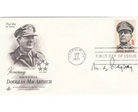 USA FDC Honouring General D MacArthur. Signed General Matthew B Ridgway. 26 Jan 1971 Norfolk FDI 6c USA MacArthur Stamp. Hono