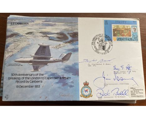WW2 Multiple signed E E Canberra bomber cover. Signed by AVM D Bower AFC, Grp Capt Petty DSO DFC AFC, Wg Cdr J Craig DFC, Wg 