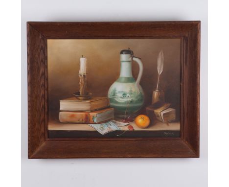 This beautifully composed still-life painting, signed Jenkins, captures a timeless arrangement of objects that evoke a sense 