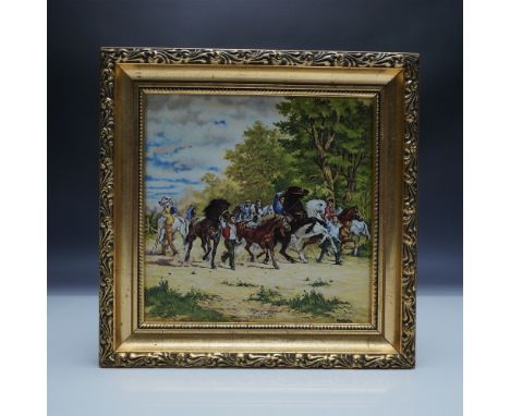 A finely detailed framed ceramic plaque featuring a hand-painted reproduction of Horse Fair (France, 1853) by renowned French
