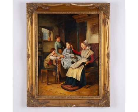This delightful oil on wood painting is an exquisite homage to the celebrated work of Theodore Gerard Trying on Grandmother's
