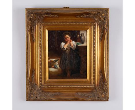 This charming oil on wood painting, titled Petite Boudeuse (The Little Sulker), is a high-quality rendition after the celebra