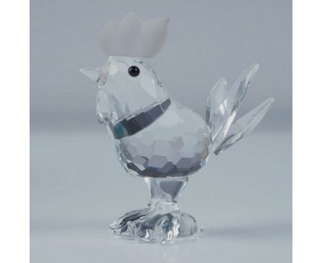 Swarovski Crystal Mini Rooster from the Barnyard Friends collection, featuring a faceted clear crystal body, frosted comb, an