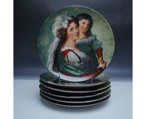 This set of Russian porcelain collector plates features detailed reproductions of classical paintings from the Louvre Museum 