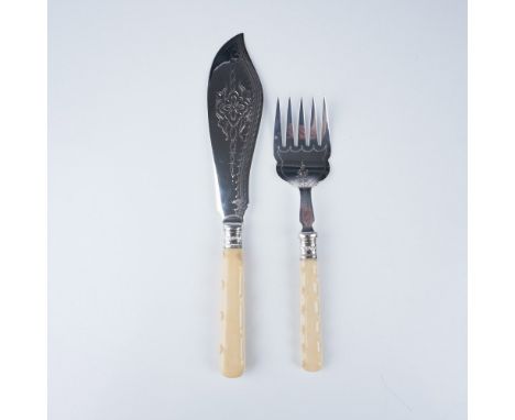 Elegant Sheffield silverplate fish serving set housed in a fitted case with red satin interior. The set includes a fish knife