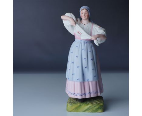 This figurine depicting a woman holding a handkerchief. This late 19th-century piece captures traditional Russian attire with