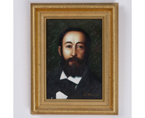 This finely executed oil on board intimate portrait, signed by artist C. Franco, presents a distinguished gentleman with a ne