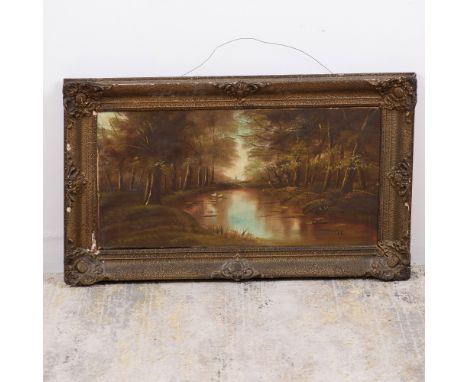 This serene oil painting depicts a tranquil river winding through a lush, verdant forest. The composition captures the peacef