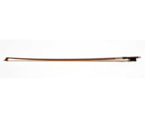 A Fine Violin Bow stamped Fritz Meinel, light amber stick, ebony frog with silver and mother of pearl mounts, full hair, weig