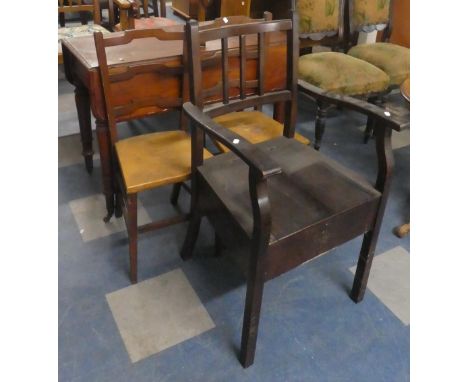 A Late Victorian Mahogany Drop Leaf Pembroke Table, Two Ladder Back Chairs and a Commode armchair 