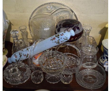 A Tray Containing Cut and Moulded Glass, Glass Rolling Pin, Rose Bowl etc 
