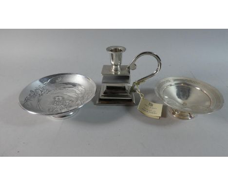 A Silver Plated Past Times Match Box Holding Candle Stick and Two Dishes 