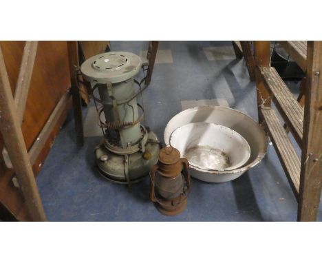 A Hurricane Lamp, Paraffin Heater and Two Enamelled Vintage Wash Bowls 