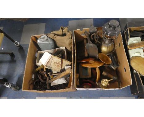 Two Boxes of Sundries to Include Metal 'Regent' Flask, Tools, Vintage Radio Valves, Hurricane Lamp, Flat Irons, Companion Set