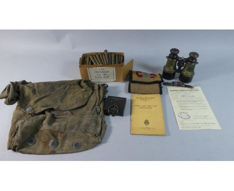 A Tray Containing Various Items of Militaria to Include Spent Shells, Ruck Sack, Binoculars, Compass, First Aid for Gas Casua