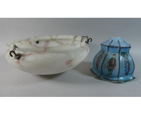 Two Vintage Opaque Glass Light Shades, 33cm Diameter and Octagonal Chinoiserie Example 15cm high 