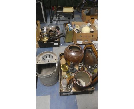 A Box Containing Silver Plated Candle Sticks, Lamp, Salt Glazed Pots, Cased Pipe (incomplete), Vintage Cased Syringe, Tea Cad