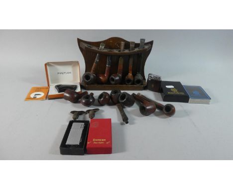 A Collection of Various Pipes and Pipe Rack, Lighter, Playing Cards etc 