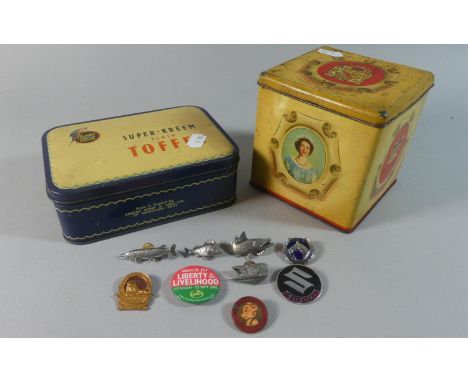 Two Vintage Tins and Small Collection of Enamel and Other Badges 