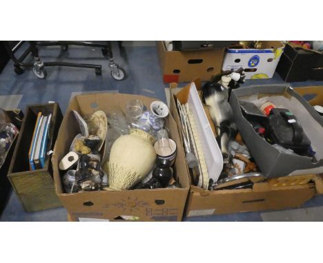 Two Boxes of Ceramic and Glasswares to Include Ornaments, Vases, Books, Magazine Rack etc 