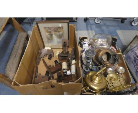 Two Boxes Containing Brasswares, Copper Kettle, Ceramics, Oak Wall Light Fittings, Candle Stick Decorated Plates etc 