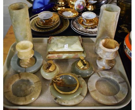 A Tray of Onyxware to Include Cigarette Box, Lighter, Vases etc 