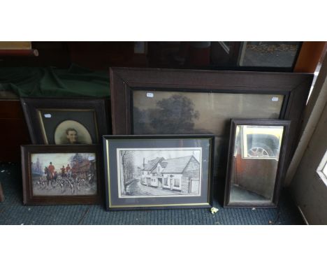 A Collection of Four Framed Prints and a Mirror 