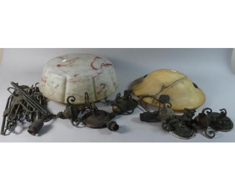 A Vintage Opaque Glass Ceiling Light Shade and an Alabaster Example (Hairline Crack) Together Fixings etc 