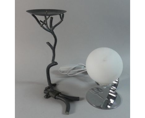 A Chrome Table Lamp and a Metal Candle Pricket 