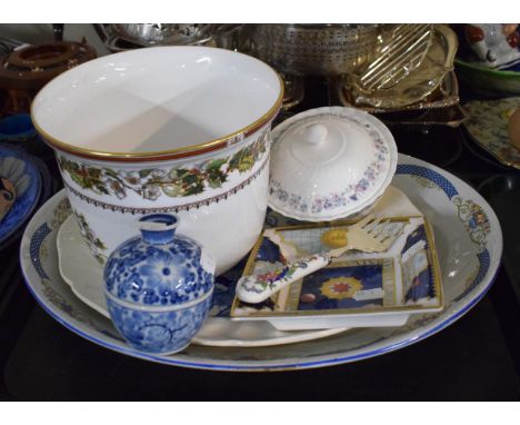 A Tray of Ceramics to Include Royal Worcester Millennium, Wedgwood Angela, Spode Christmas, Two Meat Plates etc 