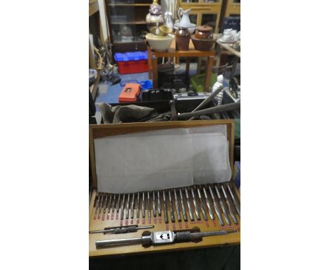 A Wooden Cased Tap and Die Set Together with a Metal Ammunition Box Containing Various Hammers, Mallets, Drills Etc 