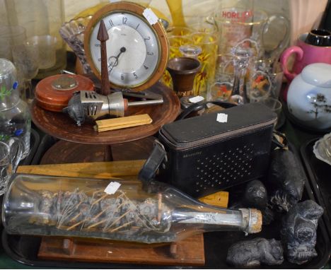 A Tray of Sundries to Include Folk Art Ship in a Bottle Inscribed Mariental 1947, Wooden Rulers, Leather Cased Tape Measure, 