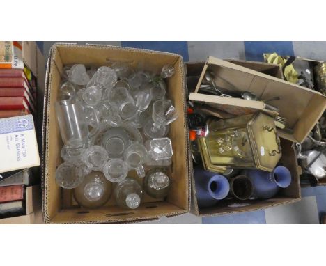 Two Boxes of Ceramic and Glass, Cutlery, Carriage Clock etc 