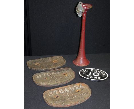 Four steam engine plates, "B410568 21T HEAD WRIGHTSON 1949 LOT NO. 2058", two "B754924 12T DARLINGTON 1950 LOT NO. 2134", TO 