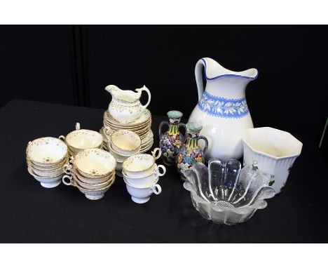 19th century part tea service with gilt foliate decoration, jardiniere, large jug, glass dish, pair of vases (qty)