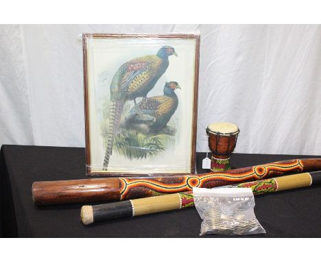 Australian didgeridoo, together with a drum and a another instrument, also together with a pair of boots, spoons and a print,