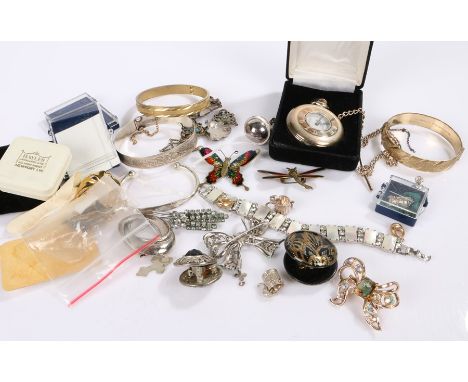 Collection of jewellery, to include a silver bangle, charms, costume jewellery and a pocket watch, (qty)