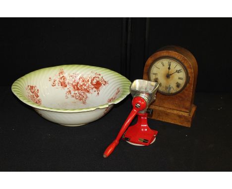 Mahogany mantel clock, together with a mincer and a wash basin, (3)