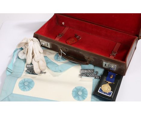 Masonic sash, housed in a brown leather case