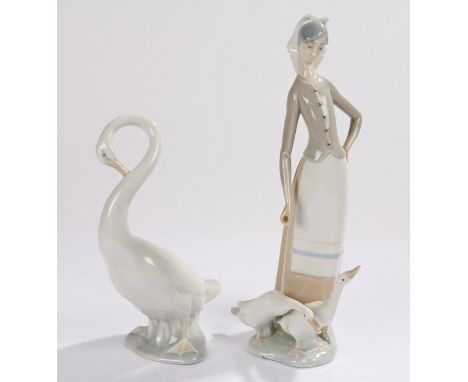 Lladro Porcelain Figure, H-26, together with a Nao swan, (2)