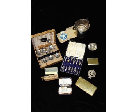 Plated ware, to include cased sets, bottle cooler, bowl, brass cigarette case/lighter, harmonica (qty)