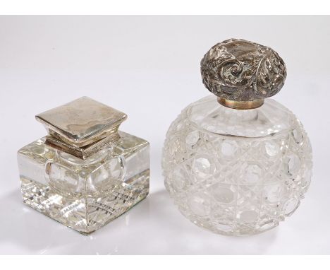 Victorian silver mounted scent bottle, with scroll decorated cap and hobnail cut lower section, silver mounted inkwell, the s