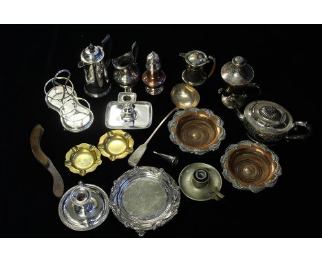 Plated ware to include, two bottle coasters, card tray, chamber sticks, coffee pot, ladle etc. (qty)