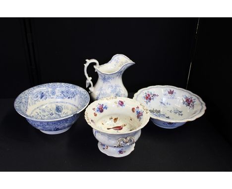 19th Century pottery jug and wash basin, together with another bowl and a urn, (4)