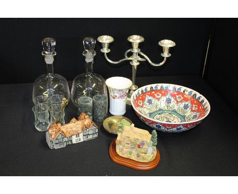 Spode floral tapestry vase, pair of glass decanters and stoppers, Turkish bowl, plated three branch candelabra etc. (qty)