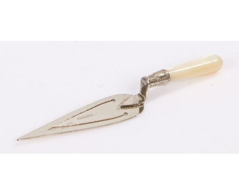Silver and mother of pearl novelty book mark, as a trowel 